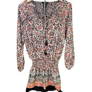 Aqua Small Boho Floral Paisley Tunic Top Elastic Waist Rust Black Blouse Top NEW